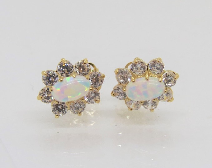 Vintage 14K Solid Yellow Gold Oval White Opal & White Topaz Stud Earrings