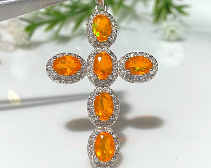 Vintage Sterling Silver Natural Oval cut Orange Fire Opal & White Topaz Cross Pendant.