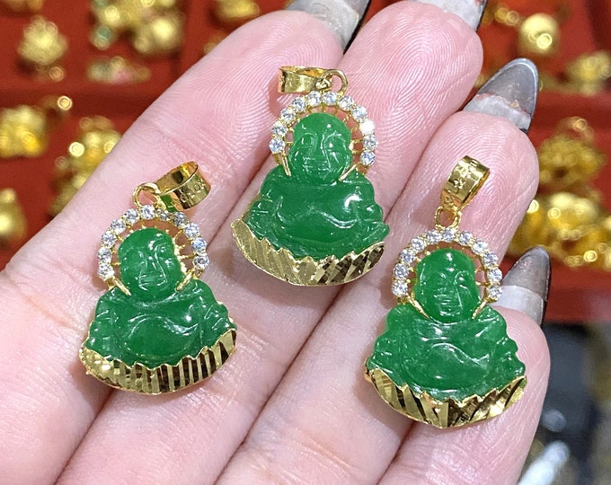 Vintage 18K Solid Gold Green Jadeite Jade, White Topaz Laughing Buddha Happy Buddha Pendant