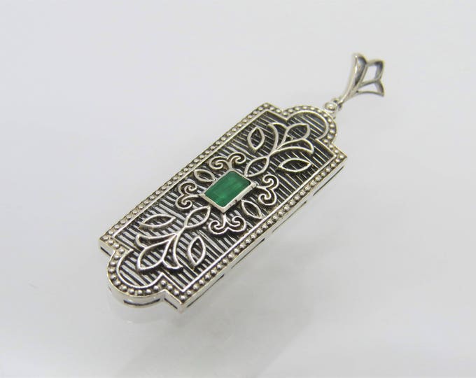 Vintage Sterling Silver Natural Emerald Filigree Pendant