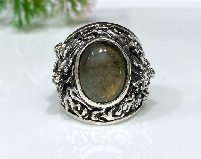 Vintage Sterling Silver Labradorite Dragon Ring Size 8