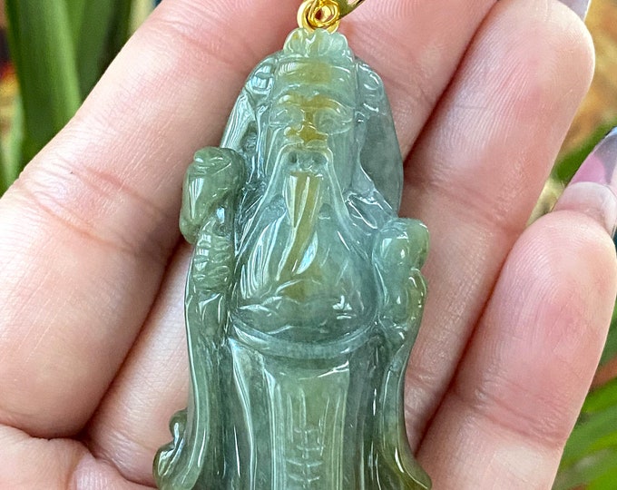 Vintage 18K Solid Yellow Gold Green, Brown Jadeite Jade Mammon Pendant. Ong Than Tai.