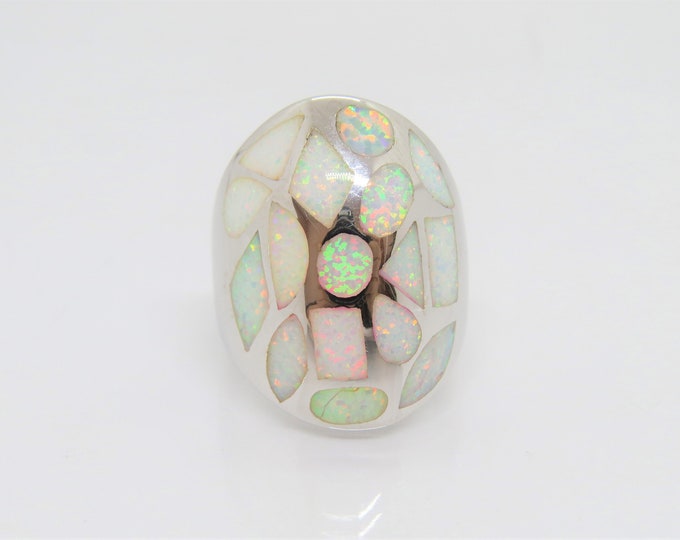 Vintage Sterling Silver Fire Opal Geometric Dome Ring Size 8