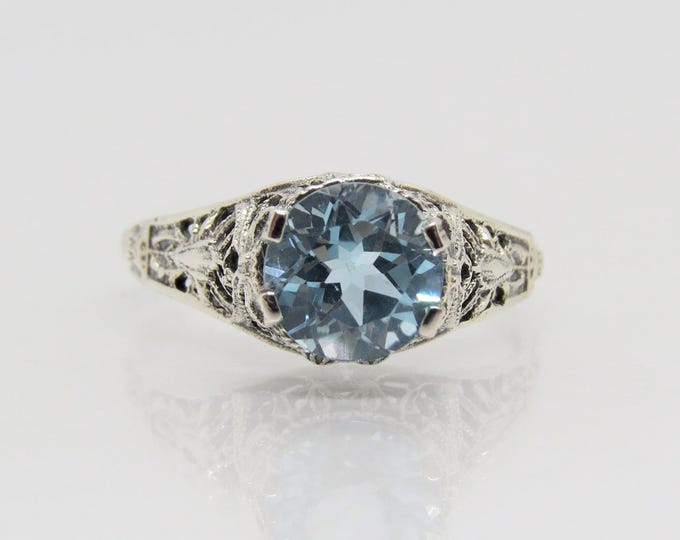 Vintage Sterling Silver Round cut Aquamarine Filigree Ring Size 7