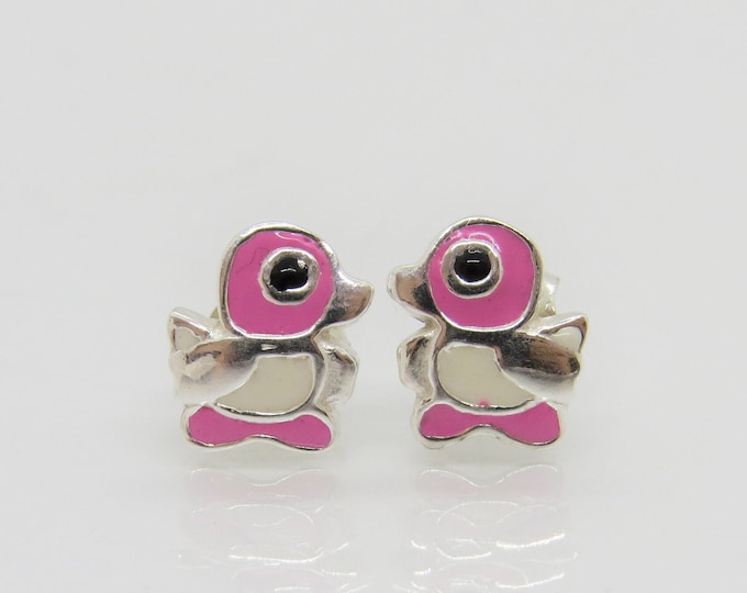 Vintage Sterling Silver Pink & White Enamel DUCK Stud Earrings