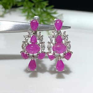 Vintage Sterling Silver Natural Ruby & White Topaz Dangle Earrings.