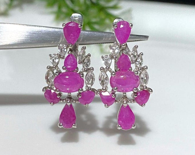 Vintage Sterling Silver Natural Ruby & White Topaz Dangle Earrings.