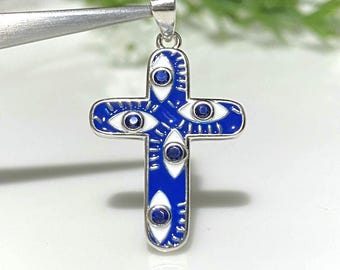 Vintage Sterling Silver Blue Sapphire Enamel Evil Eye Cross Pendant.