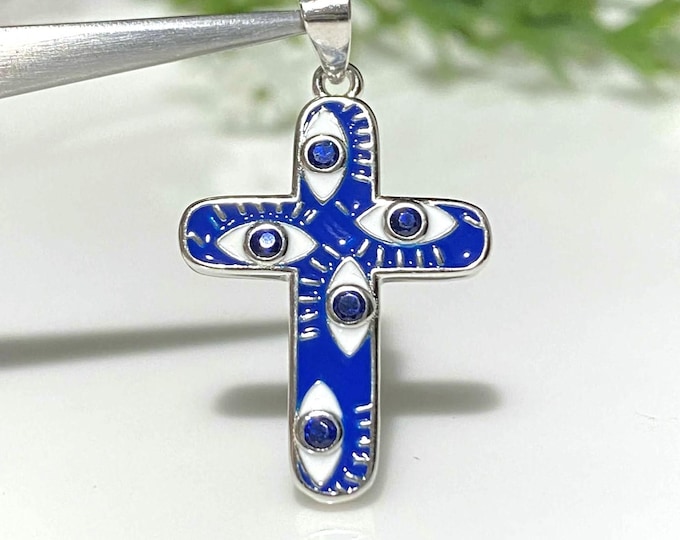 Vintage Sterling Silver Blue Sapphire & Blue White Enamel Eye, Evil Eye Cross Pendant.