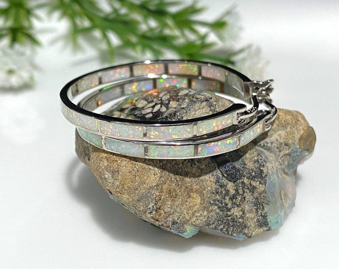 Vintage Sterling Silver White Opal Hoop Earrings 32MM