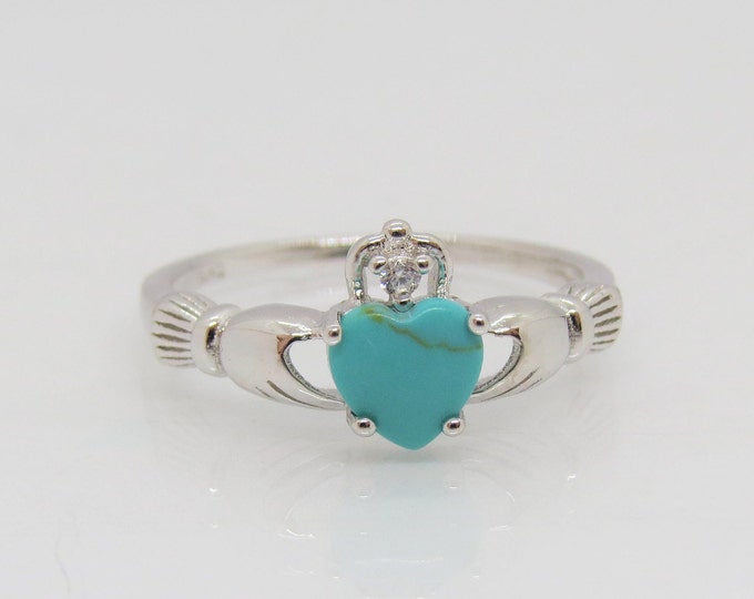 Vintage Claddagh Sterling Silver Turquoise & White Topaz Ring Size 7