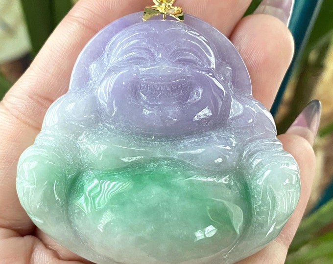 Vintage 14K Solid Yellow Gold Green, Purple, White Jadeite Jade Laughing Buddha, Happy Buddha Pendant Mat Ong Dia, Mat Phat Di Lac.