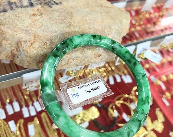 Vintage Translucent Natural Floral Green, White Jadeite Jade Bangle Bracelet 56.3MM
