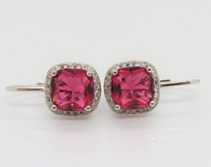 Sterling Silver Cushion cut Ruby & White Topaz Earrings