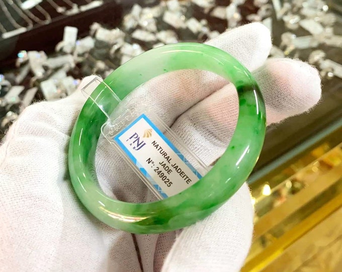 Vintage Translucent Natural Green, Black Jadeite Jade Bangle Bracelet 55.9MM