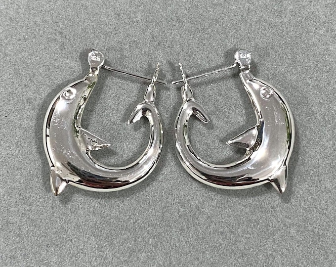 Vintage Sterling Silver Dolphin Hoop Earrings.