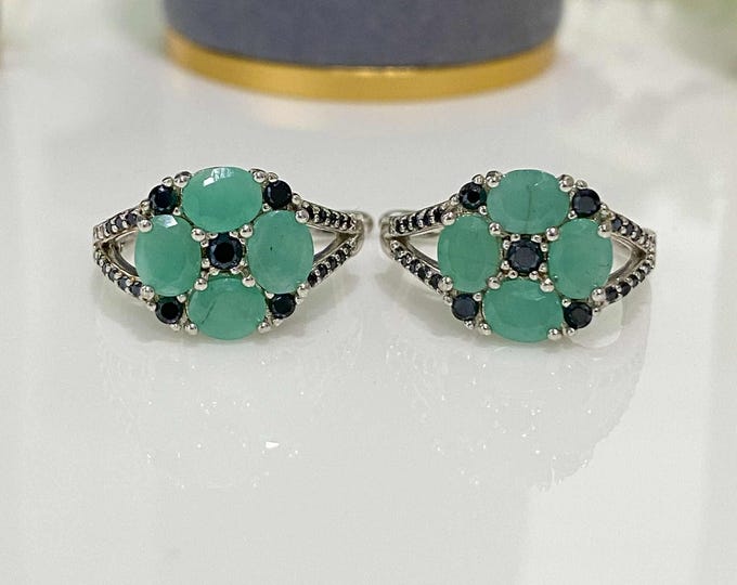 Vintage Sterling Silver Natural Oval cut Emerald & Black Sapphire Earrings.