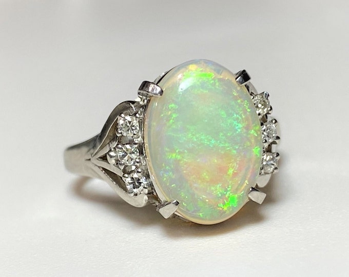 Vintage Platinum 2.31ct Solitaire Fiery Opal Diamond Ring Size 6.25