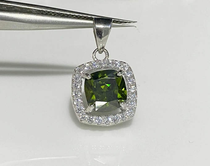 Vintage Sterling Silver Cushion Peridot & White Topaz Halo Pendant