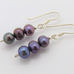 Vintage Sterling Silver Triple Grey Freshwater Pearl Dangle Earrings