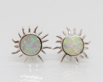 Vintage Sterling Silver White Opal Sun Stud Earrings