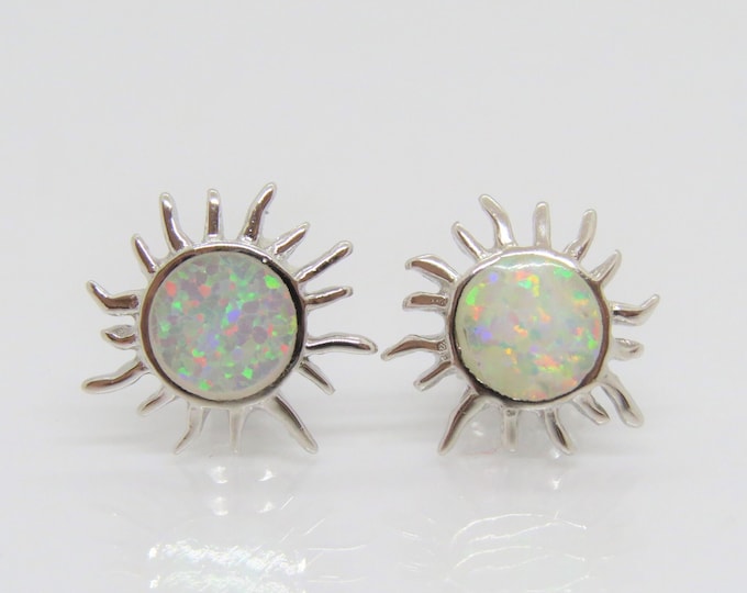 Vintage Sterling Silver White Opal Sun Stud Earrings