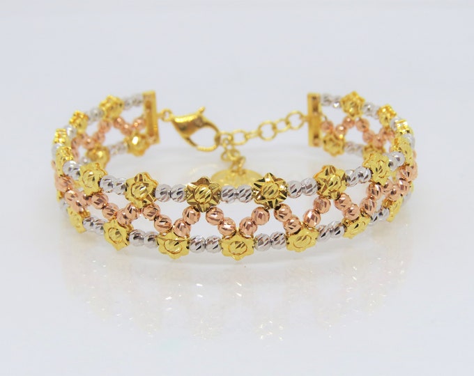 18K Tri-Color Gold Diamond cut Balls Bracelet 7''