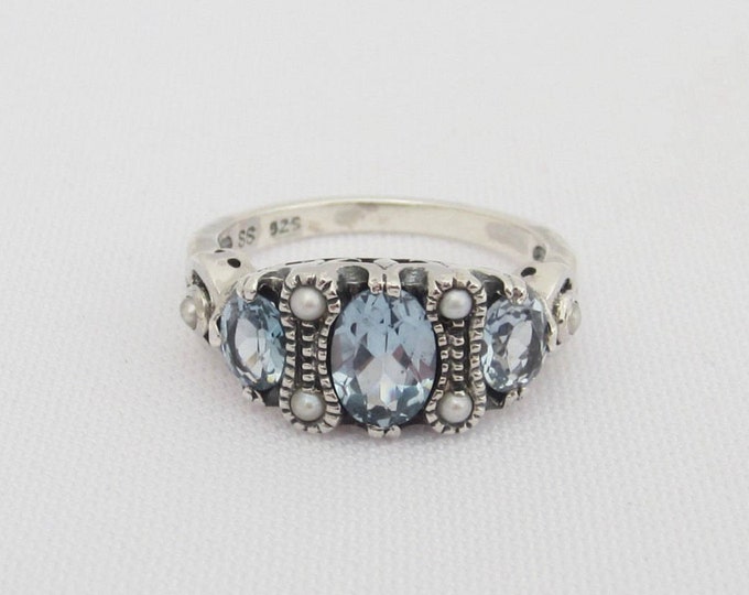 Vintage Sterling Silver Aquamarine & Seed Pearl Ring Size 10