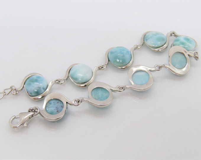 Vintage Sterling Silver Natural Round Larimar Link Bracelet 7 1/2''