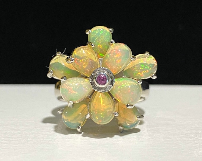 Vintage Sterling Silver Natural Pear cut Fire Opal & Rhodolite Flower Ring Size 9