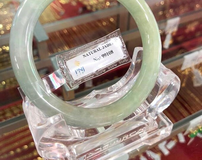 Translucent Natural Green, White Jadeite Jade Vintage Bangle Bracelet 59MM