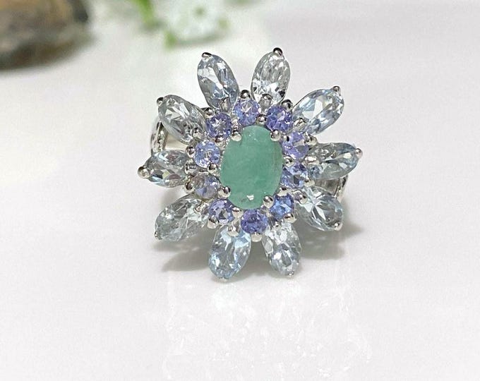 Vintage Sterling Silver Natural Aquamarine, Tanzanite & Emerald Flower Ring Size 7
