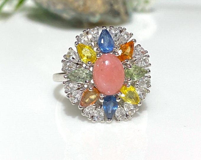Vintage Sterling Silver Natural Pink Opal & Blue, Orange, Yellow, Green, White Sapphire Ring Size 8
