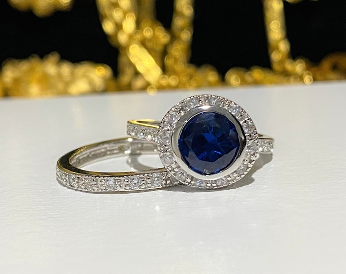 Vintage Sterling Silver Round cut Blue Sapphire, White Topaz Engagement Ring Set Size 7
