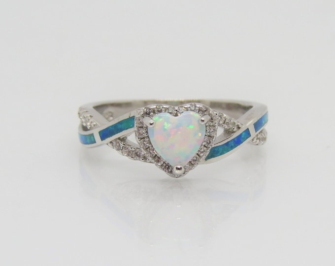 Vintage Sterling Silver White, Blue Opal & White Topaz Ring Size 6