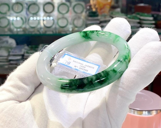 Vintage Translucent Natural Green, White Jadeite Jade Bangle Bracelet 61.5MM