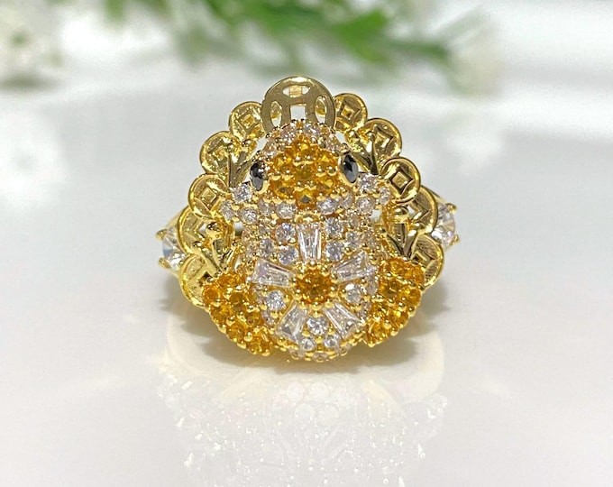 Vintage 15K 610 Solid Yellow Gold Citrine & White Topaz Black Sapphire Eye's Frog Ring Size 7