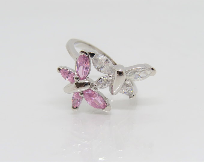 Vintage Sterling Silver Pink & White Topaz Butterfly Ring Size 5.25