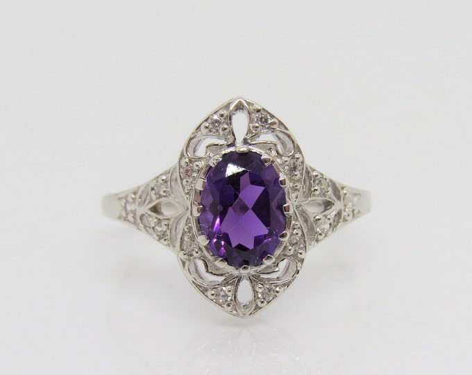Vintage Sterling Silver Natural Amethyst & White Topaz Filigree Ring Size 8