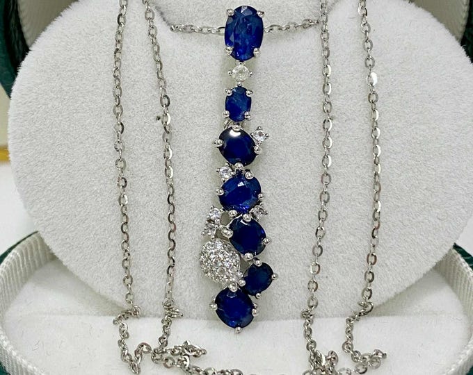 Vintage Sterling Silver Natural Emerald cut Blue Sapphire & White Topaz Pendant Chain 17''
