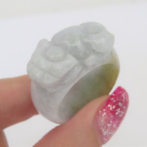 Vintage Translucent Natural Light Green, Yellow Jadeite Jade Carved Pi Xiu Band Ring Size 11