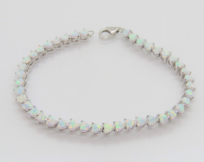 Sterling Silver Heart cut White Opal Link Bracelet 8''