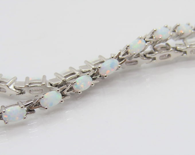 Vintage Sterling Silver Oval cut White Opal Link Bracelet 7 1/2''