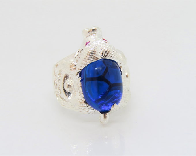 Vintage Sterling Silver Blue Sapphire Cabochon & Ruby OX Ring Size 9.75