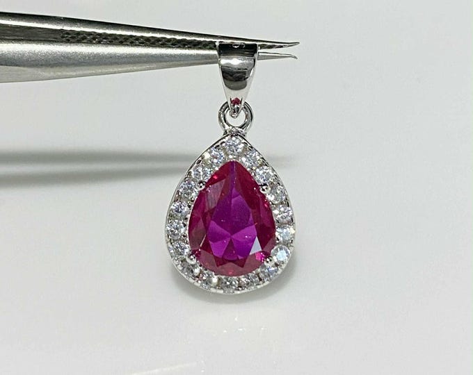 Vintage Sterling Silver Pear cut Ruby & White Topaz Pendant