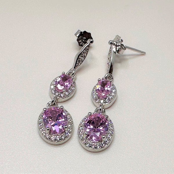 Vintage Sterling Silver Oval cut Pink Sapphire & White Topaz Drop Dangle Earrings.