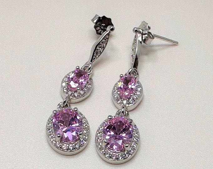 Vintage Sterling Silver Oval cut Pink Sapphire & White Topaz Drop Dangle Earrings.