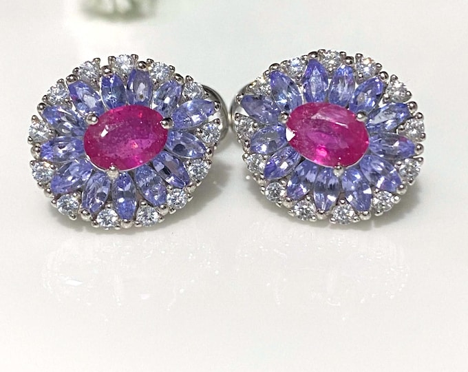 Vintage Sterling Silver Natural Oval cut Ruby, Tanzanite & White Topaz Earrings.