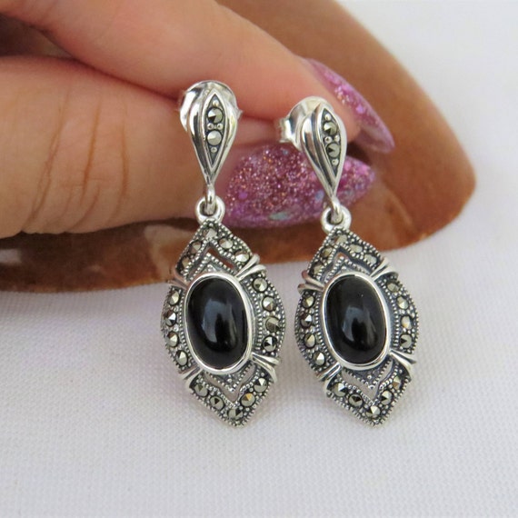 Vintage Sterling Silver Oval Black Onyx & Marcasi… - image 5