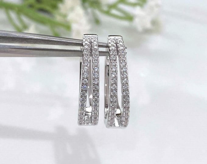 Vintage Sterling Silver White Sapphire Hoops Earrings.